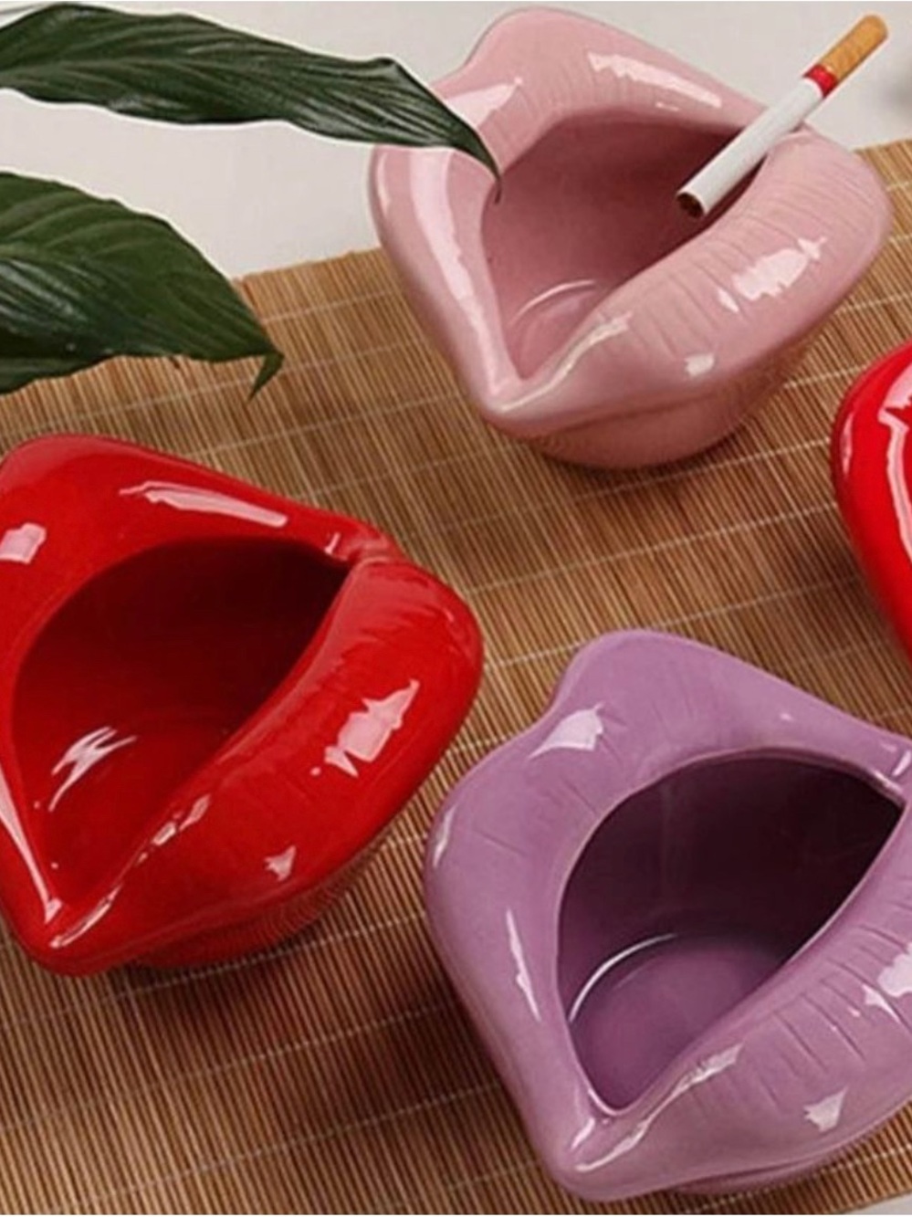 Lip-Shaped Ceramic Ashtrays - Red, Pink, Lavender